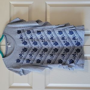 Blue and white striped floral blouse with flutter sleeves